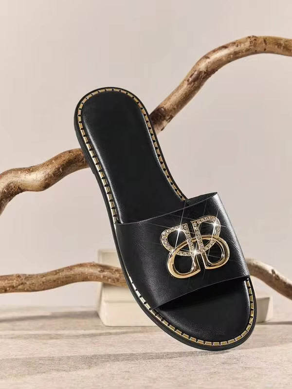 SHUZIA #ResortChic Women's Gold Trim Round Toe Metal Logo Detail Fine Pu Black Flat Slides– Designer-Inspired,Minimal, Sleek & Summer Ready