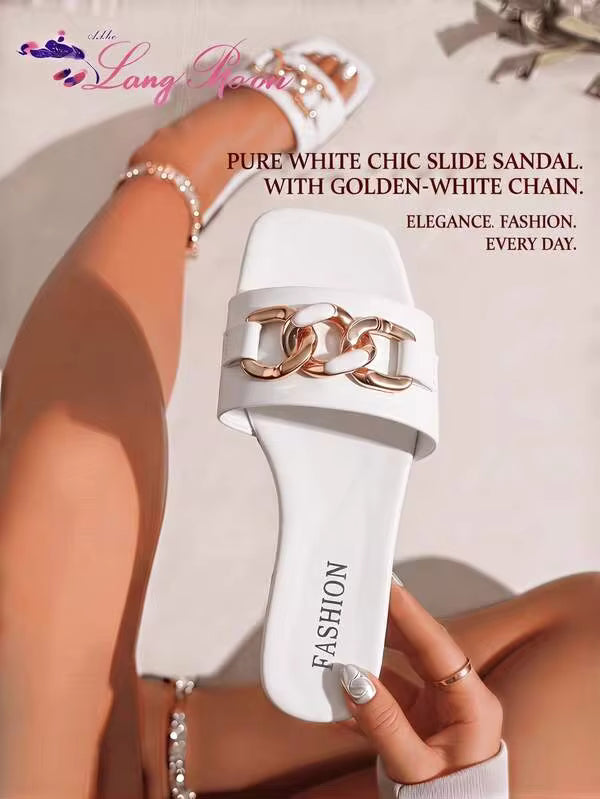 LangMoon Ashlee LangMoon 2026 Pure White Square Toe Rose Gold White Inlay Chain Flat Slide Sandals, Soft Sole Minimalist Luxury Style, All Seasons Daily Commute Elega